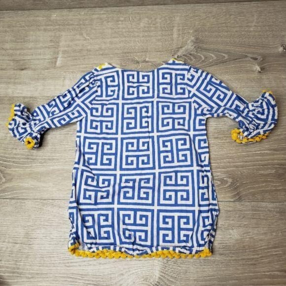 Mud Pie Baby Girls V-Neck Pom-Pom Tunic 12-18M Blue/Yellow Geometric Cotton - Picture 4 of 5